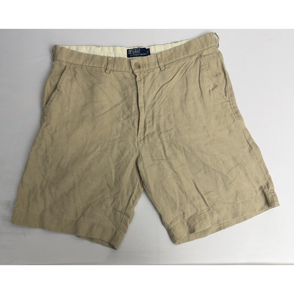 Vintage Polo Ralph Lauren 100% Linen Shorts Flat Front Men's 34 Beige Tan Tyler